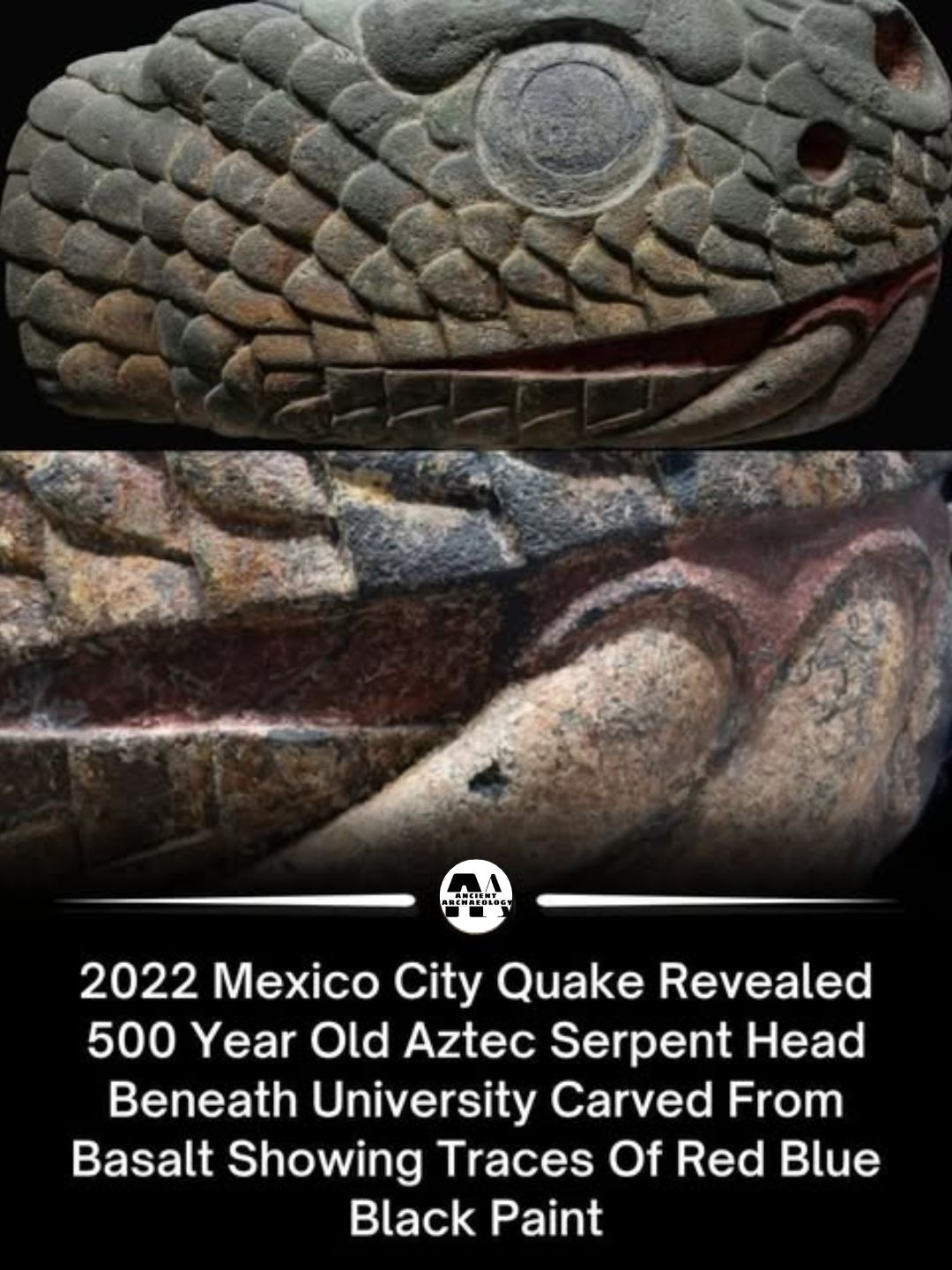 Có thể là hình ảnh về con rắn và văn bản cho biết '1 2022 Mexico City Quake Revealed 500 Year Old Aztec Serpent Head Beneath University Carved From Basalt Showing Traces Of Of Red Blue Black Paint'