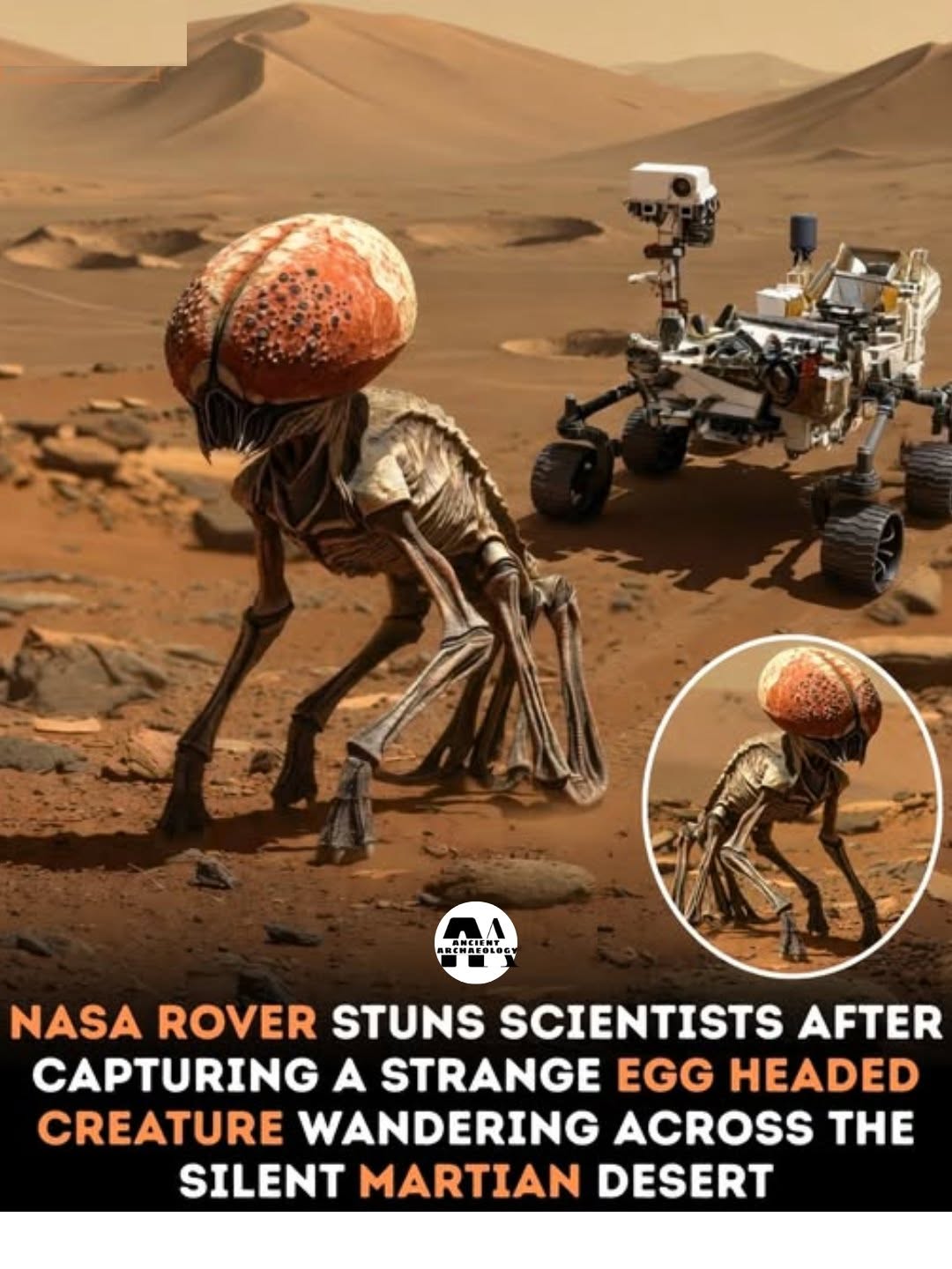 Có thể là hình ảnh về văn bản cho biết '+ AMCISNT NASA ROVE: STUNS SCIENTISTS AFTER CAPTURING A STRANGE EGG HEADED CREATURE WANDERING ACROSS THE SILENT MARTIAN DESERT'