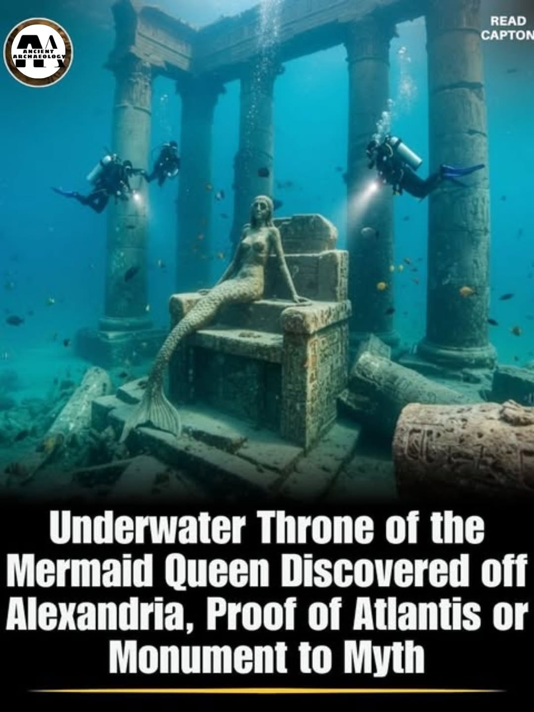 Có thể là hình ảnh về văn bản cho biết 'M PRCHAFOLOGY ANCIENT READ CAPTON Underwater Throne of the Mermaid Queen Discovered off Alexandria, Proof of Atlantis or Monument to Myth'
