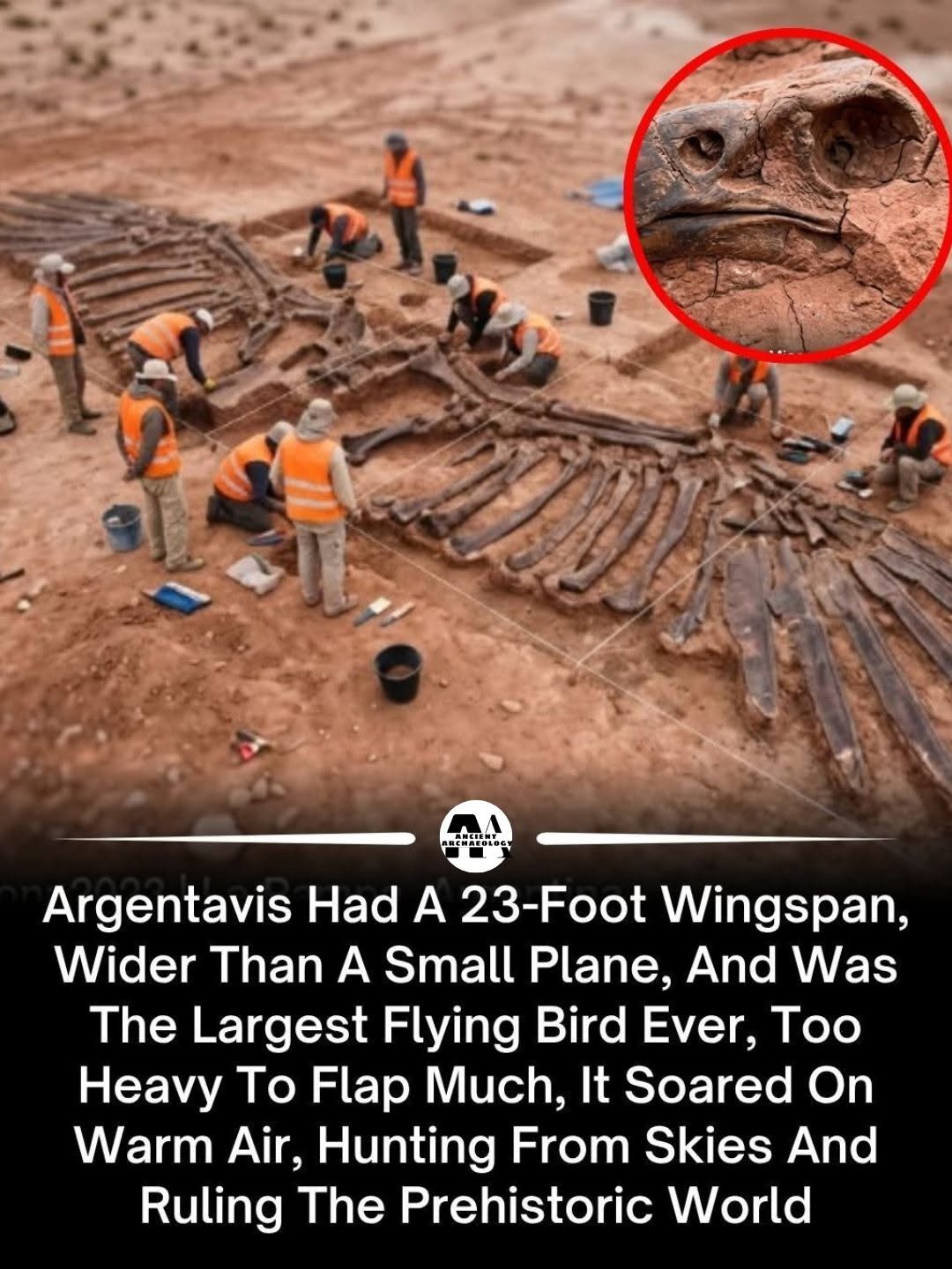 Có thể là hình ảnh về chim kền kền và văn bản cho biết 'AA K PRC HAFOLAC Argentavis Had A 23-Foot Wingspan, Wider Than A Small Plane, And Was The Largest Flying Bird Ever, Too y To Flap Much, It Soared On Warm Air, Hunting From Skies And Ruling The Prehistoric World'