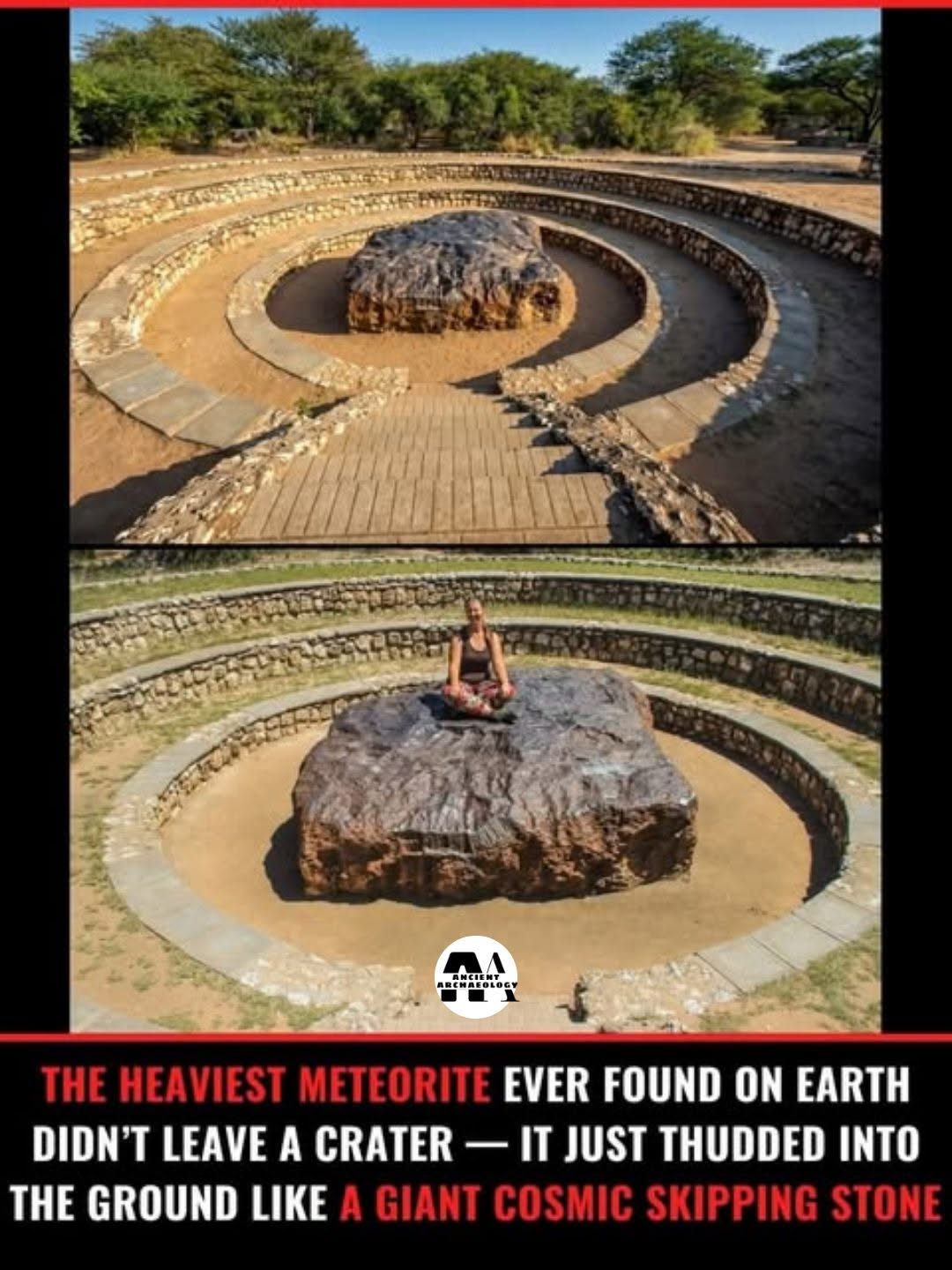May be an image of text that says "BEHASOLOGY AMCIENT A THE HEAVIEST METEORITE EVER FOUND ON EARTH DIDN'T LEAVE A CRATER - 一I IT JUST THUDDED INTO THE GROUND LIKE A GIANT COSMIC SKIPPING STONE"