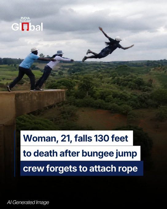 Có thể là hình ảnh về đang nhảy dù, bạt nhún và văn bản cho biết 'INDIA GiNbal TODAY Woman, 21, falls 130 feet to death after bungee jump crew forgets to to attach rope AI GeneratedImage Image'
