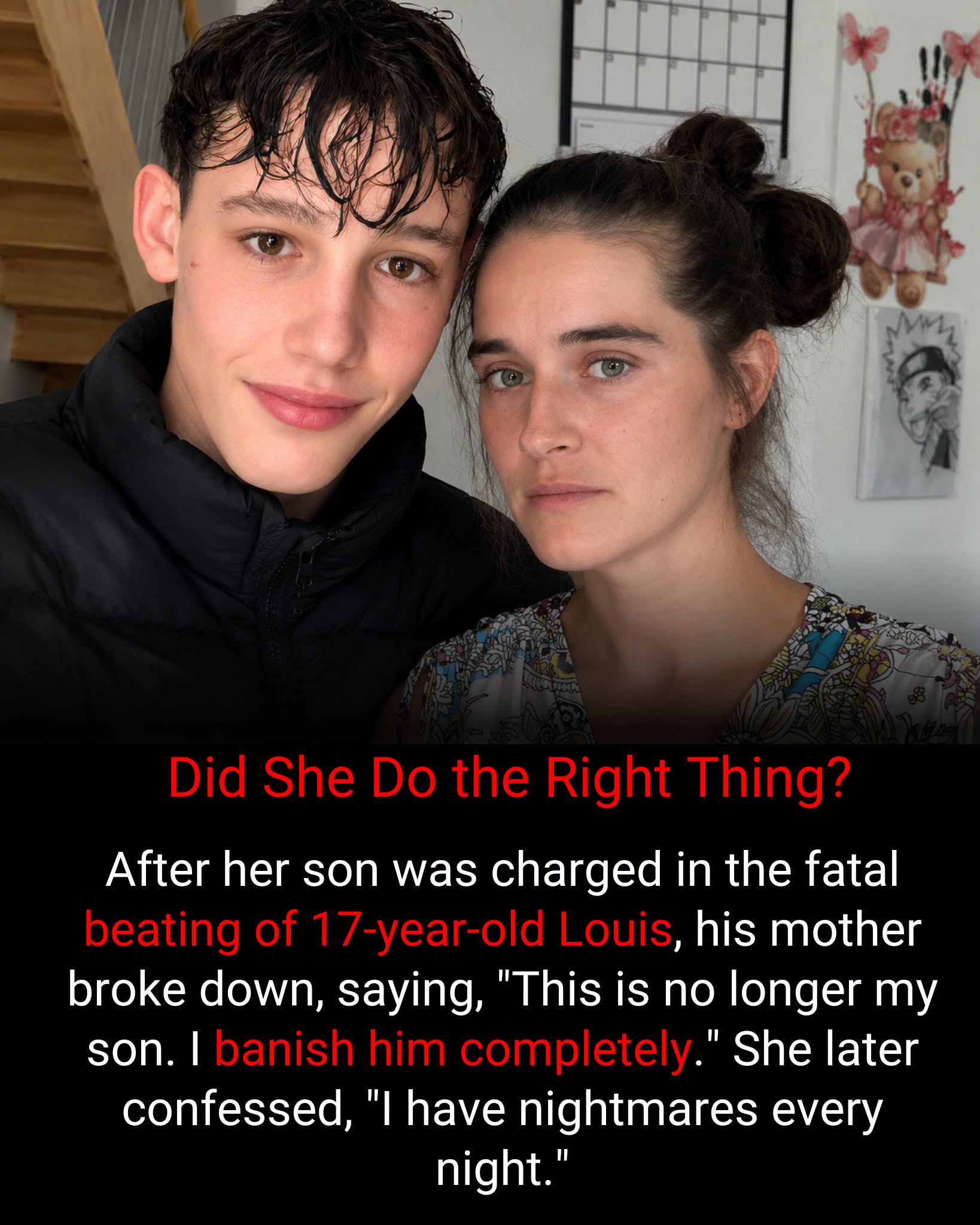 Có thể là hình ảnh về văn bản cho biết 'Did She Do the Right Thing? After her son was charged in the fatal beating of 17-year-old Louis, his mother broke down, saying, "This is no longer my son. I banish him completely.' She later confessed, "I have nightmares every night."'