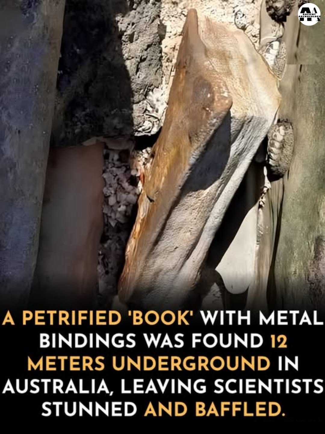 Có thể là hình ảnh về văn bản cho biết 'ા A PETRIFIED 'BOOK' WITH METAL BINDINGS WAS FOUND 12 12 METERS UNDERGROUND IN AUSTRALIA, LEAVING SCIENTISTS STUNNED AND BAFFLED.'