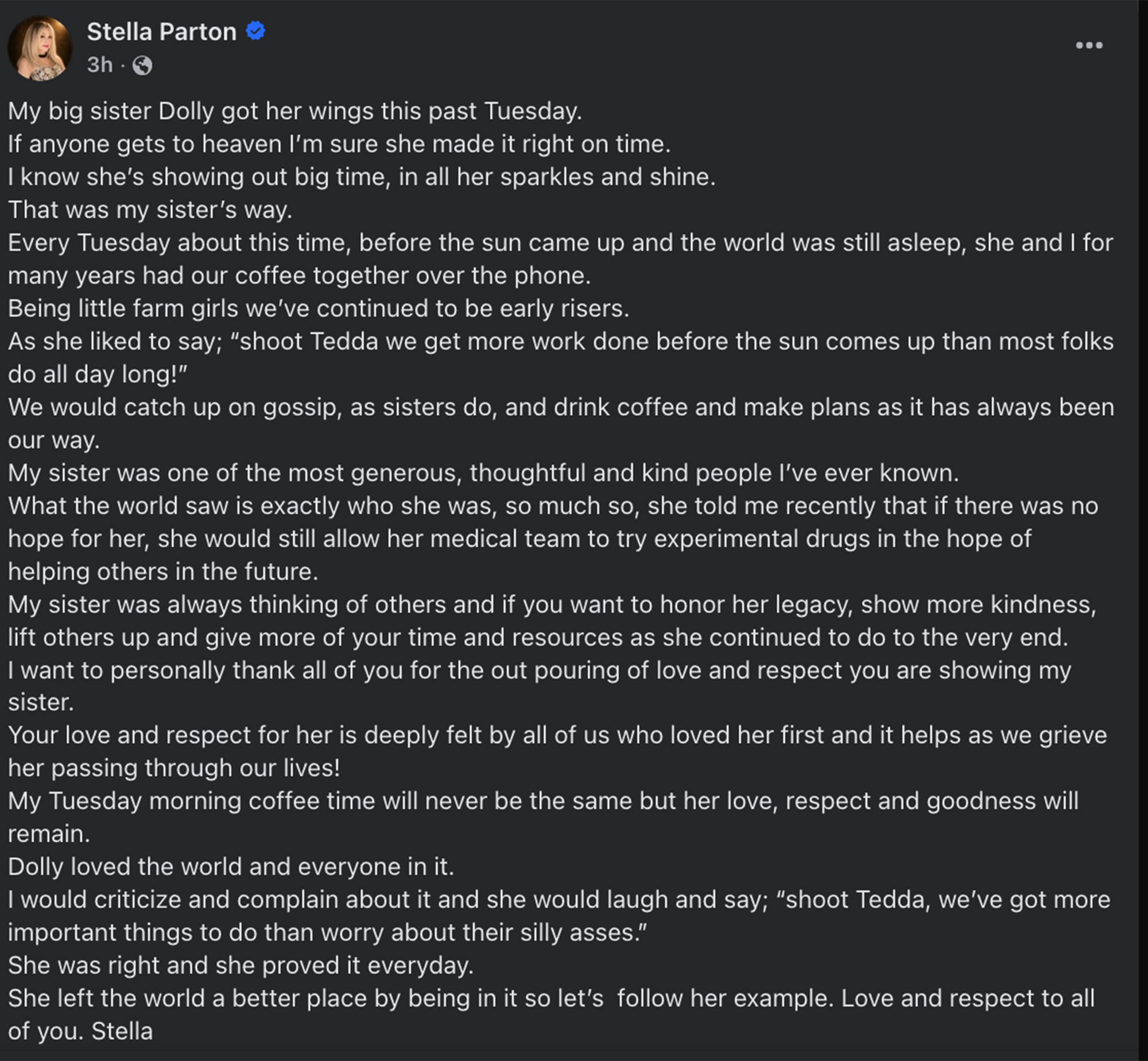 A Facebook post by Stella Parton grieving the loss of her sister Dolly.